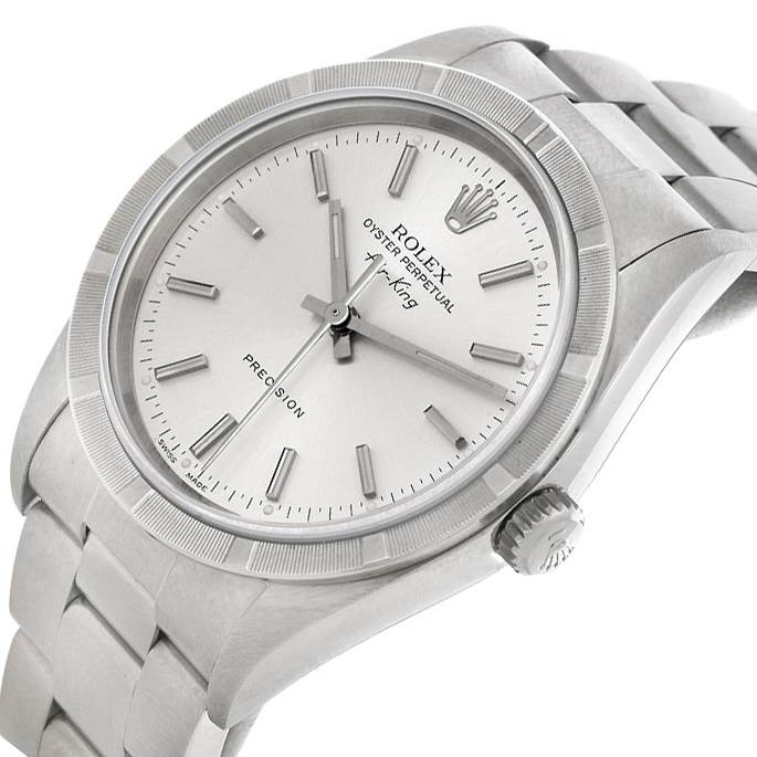 The image shows a Rolex Air-King 14010 Men's Stainless Steel Silver Dial 14010 Men's Stainless Steel Silver Dial watch at a slight diagonal angle, highlighting the face, crown, and stainless steel bracelet.