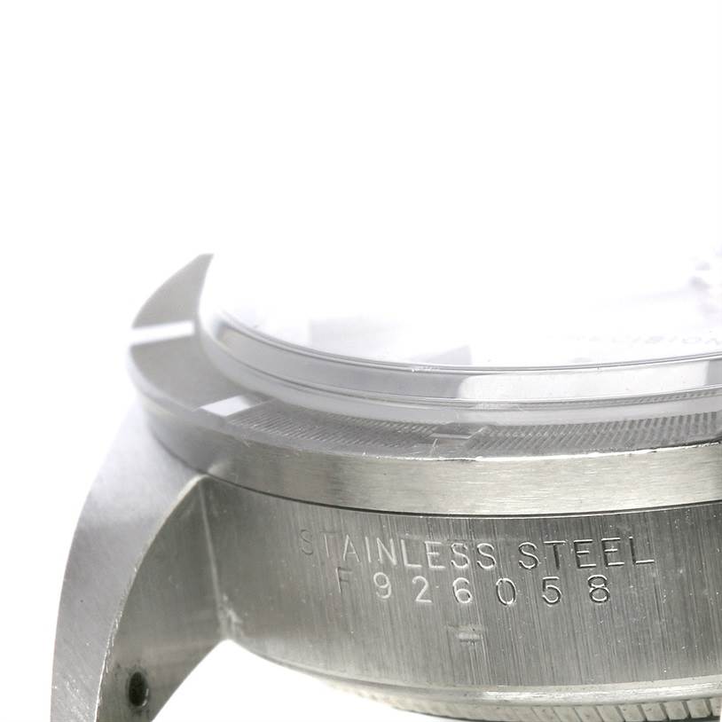 This close-up image shows the side and bezel of a Rolex Air-King 14010 Men's Stainless Steel Silver Dial 14010 Men's Stainless Steel Silver Dial watch, focusing on the stainless steel case and serial number.