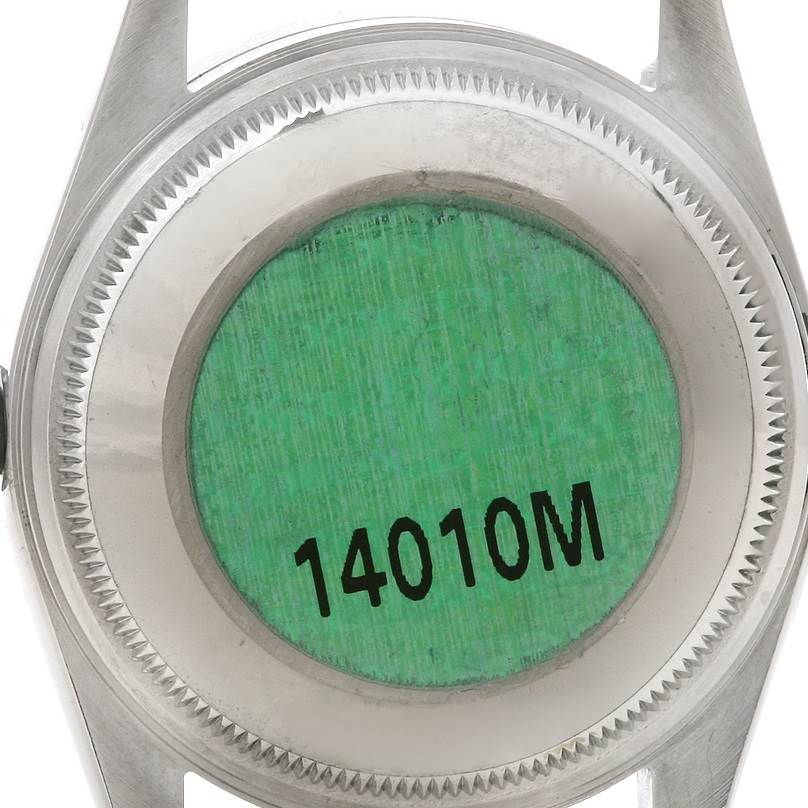 This is the case back of the Rolex Air-King 14010 Men's Stainless Steel Silver Dial 14010 Men's Stainless Steel Silver Dial model, shown from the rear angle, featuring the reference number 14010M.