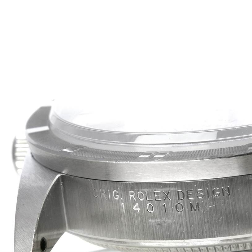 The image shows a close-up, side view of the bezel, crown, and part of the case body of the Rolex Air-King 14010 Men's Stainless Steel Silver Dial 14010 Men's Stainless Steel Silver Dial watch.