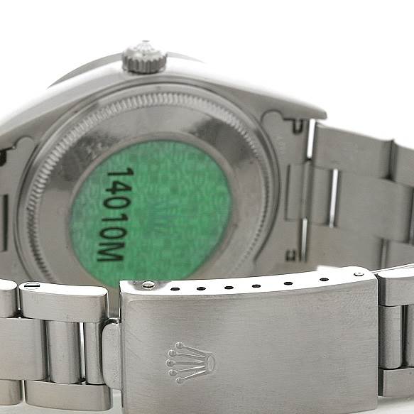 The image shows the back case and clasp of a Rolex Air-King 14010 Men's Stainless Steel Silver Dial 14010 Men's Stainless Steel Silver Dial watch, highlighting its model number 14010M.