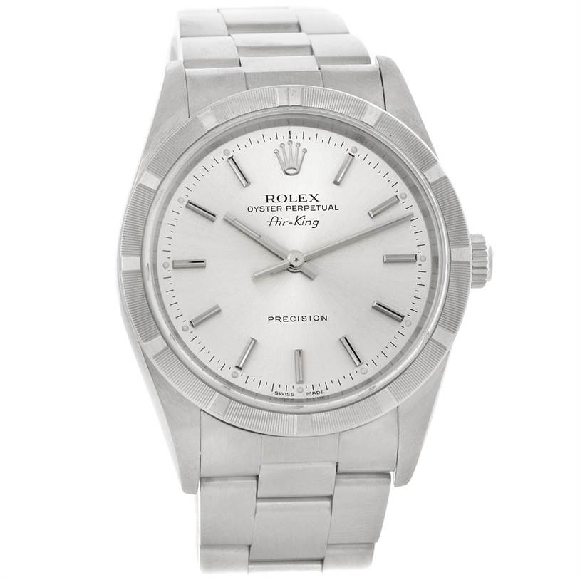The image shows a Rolex Air-King 14010 Men's Stainless Steel Silver Dial 14010 Men's Stainless Steel Silver Dial watch from a frontal angle, highlighting its dial, hands, bezel, and bracelet.