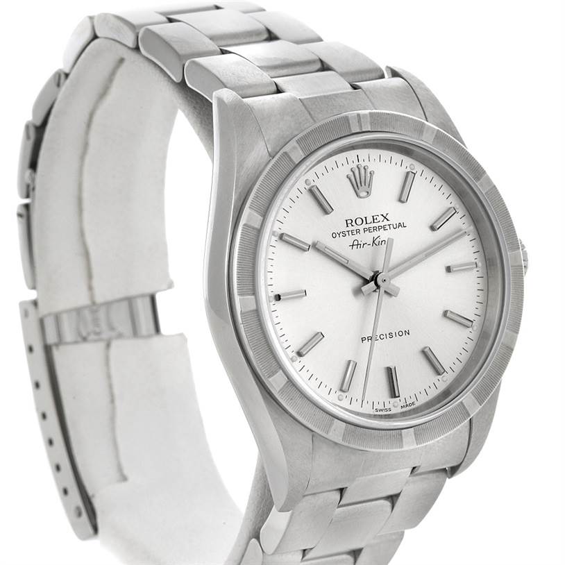 The Rolex Air-King 14010 Men's Stainless Steel Silver Dial 14010 Men's Stainless Steel Silver Dial watch is shown at a slight angle, displaying its face, bezel, and part of the metal bracelet.