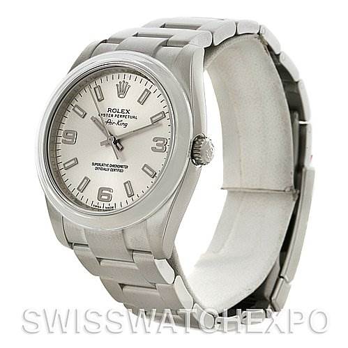 The image shows a Rolex Air-King 114200SASO Men's Stainless Steel Silver Dial 114200SASO Men's Stainless Steel Silver Dial watch at a three-quarter angle, highlighting the dial, crown, and bracelet.