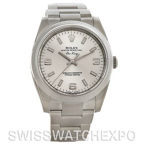 The image shows a frontal view of a Rolex Air-King 114200SASO Men's Stainless Steel Silver Dial 114200SASO Men's Stainless Steel Silver Dial watch with a silver dial and stainless steel bracelet.