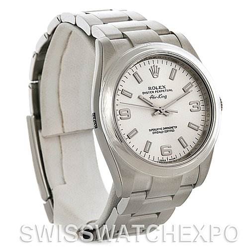 This image shows a Rolex Air-King 114200SASO Men's Stainless Steel Silver Dial 114200SASO Men's Stainless Steel Silver Dial watch at a three-quarter angle, highlighting its face, bracelet, and casing.