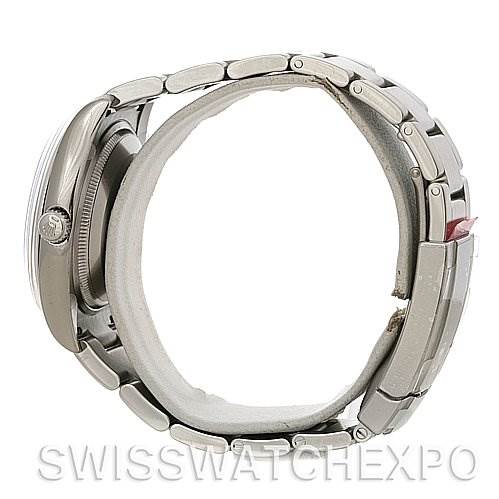 The image shows a side view of the Rolex Air-King 114200SASO Men's Stainless Steel Silver Dial 114200SASO Men's Stainless Steel Silver Dial, focusing on the watch's case, crown, and part of the bracelet.