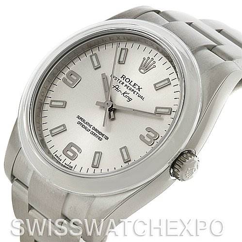 This image shows a Rolex Air-King 114200SASO Men's Stainless Steel Silver Dial 114200SASO Men's Stainless Steel Silver Dial watch at a tilted angle, displaying the face, bezel, and part of the bracelet.