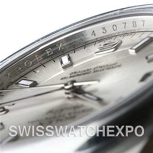 This is a close-up of the face and bezel of a Rolex Air-King 114200SASO Men's Stainless Steel Silver Dial 114200SASO Men's Stainless Steel Silver Dial watch, showing the model name and serial number.