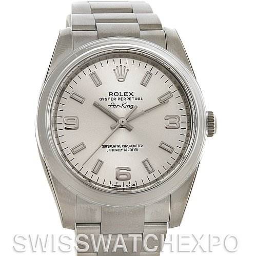 This image shows a frontal view of the Rolex Air-King 114200SASO Men's Stainless Steel Silver Dial 114200SASO Men's Stainless Steel Silver Dial watch, displaying the face, bezel, crown, and a portion of the bracelet.