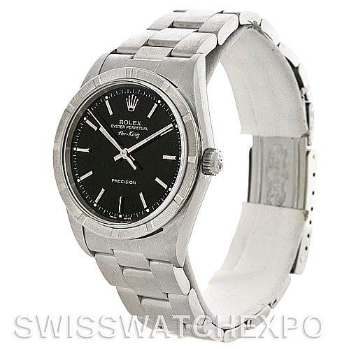 The image shows a Rolex Air-King 14010 Men's Stainless Steel Black Dial 14010 Men's Stainless Steel Black Dial watch at a three-quarter angle, highlighting the black dial, stainless steel case, and bracelet.
