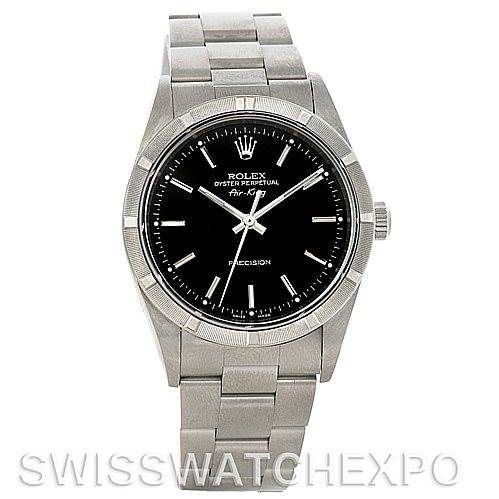 This Rolex Air-King 14010 Men's Stainless Steel Black Dial 14010 Men's Stainless Steel Black Dial watch is shown from a front angle, highlighting its black dial, stainless steel bracelet, and bezel.