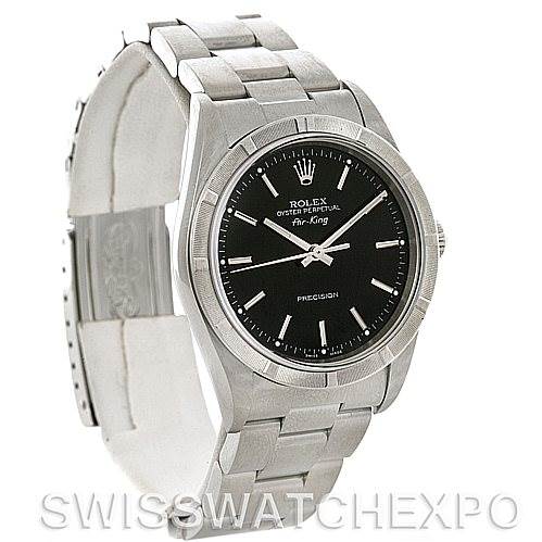 This is a Rolex Air-King 14010 Men's Stainless Steel Black Dial 14010 Men's Stainless Steel Black Dial watch shown at a three-quarter angle, displaying the face, bezel, and bracelet.