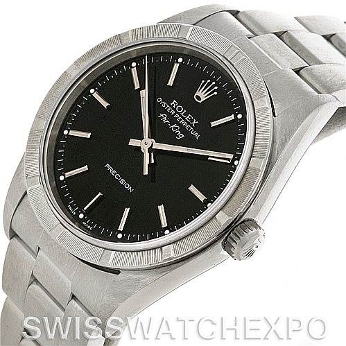 The image shows a Rolex Air-King 14010 Men's Stainless Steel Black Dial 14010 Men's Stainless Steel Black Dial watch from a three-quarters angle, highlighting its black dial, bezel, case, and bracelet.