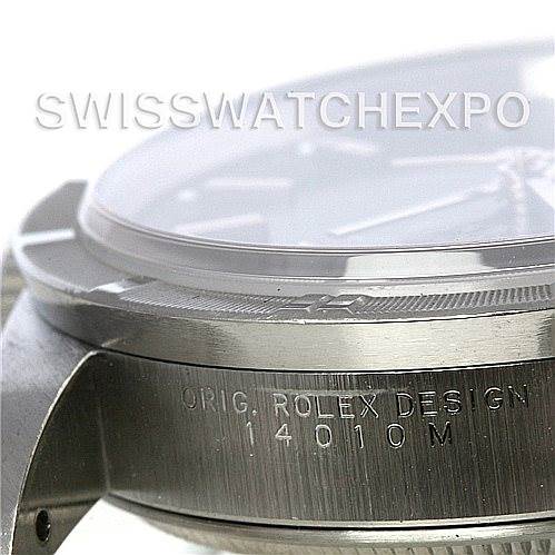 This is a close-up side view of a Rolex Air-King 14010 Men's Stainless Steel Black Dial 14010 Men's Stainless Steel Black Dial watch, showcasing the case and bezel with the model number 14010M engraved.