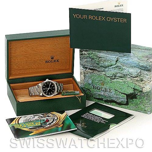 The image shows a Rolex Air-King 14010 Men's Stainless Steel Black Dial 14010 Men's Stainless Steel Black Dial watch, box, manuals, and warranty card from a front-facing angle.