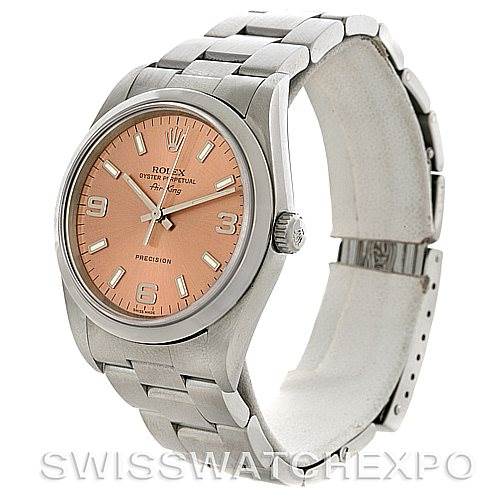 The watch is a Rolex Air-King 14000 Men's Stainless Steel Pink Dial 14000 Men's Stainless Steel Pink Dial shown from a three-quarter angle, displaying the face, case, bezel, and bracelet.