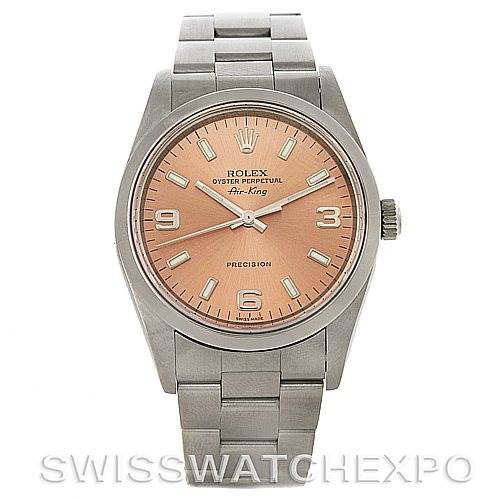 This image shows a front view of a Rolex Air-King 14000 Men's Stainless Steel Pink Dial 14000 Men's Stainless Steel Pink Dial watch, displaying the dial, hands, and bracelet.