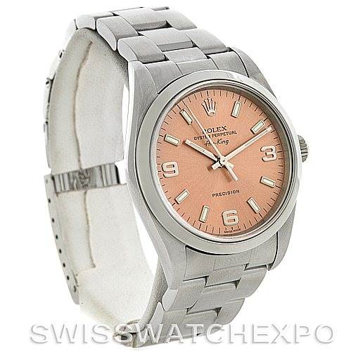 This image shows a Rolex Air-King 14000 Men's Stainless Steel Pink Dial 14000 Men's Stainless Steel Pink Dial watch with a pink dial at a three-quarter angle, displaying the face, bezel, and bracelet.