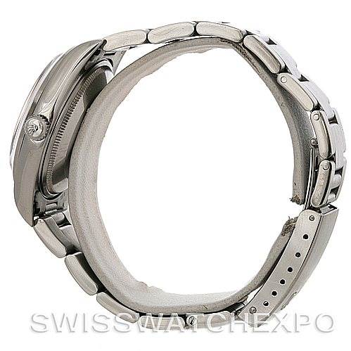 The image shows a side profile view of a Rolex Air-King 14000 Men's Stainless Steel Pink Dial 14000 Men's Stainless Steel Pink Dial watch, highlighting its case, bezel, and bracelet.