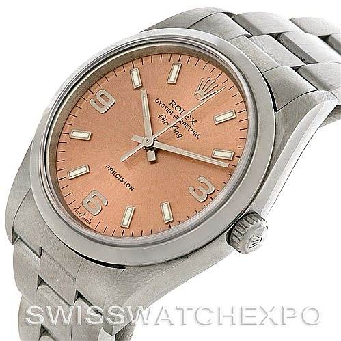 This image shows a Rolex Air-King 14000 Men's Stainless Steel Pink Dial 14000 Men's Stainless Steel Pink Dial watch at a slight angle, displaying the face, bezel, crown, and part of the bracelet.