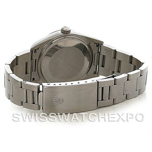 This image shows the back view of the Rolex Air-King 14000 Men's Stainless Steel Pink Dial 14000 Men's Stainless Steel Pink Dial watch, highlighting its clasp and bracelet links.