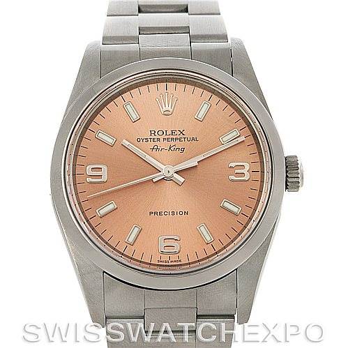 The image shows a frontal view of a Rolex Air-King 14000 Men's Stainless Steel Pink Dial 14000 Men's Stainless Steel Pink Dial watch, displaying its dial, hour markers, hands, bezel, and bracelet.