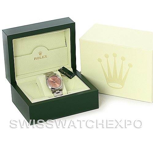 The image shows a Rolex Air-King 14000 Men's Stainless Steel Pink Dial 14000 Men's Stainless Steel Pink Dial watch in its box, with the watch viewed from the front, displaying the dial and bracelet.