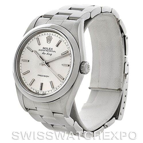 This image shows a side-angle view of a Rolex Air-King 14000 M Men's Stainless Steel Silver Dial 14000 M Men's Stainless Steel Silver Dial watch, featuring its dial, crown, and bracelet in silver.