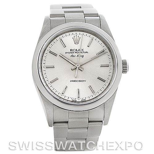 This image shows a front view of a Rolex Air-King 14000 M Men's Stainless Steel Silver Dial 14000 M Men's Stainless Steel Silver Dial watch, featuring its dial, hands, and bracelet.