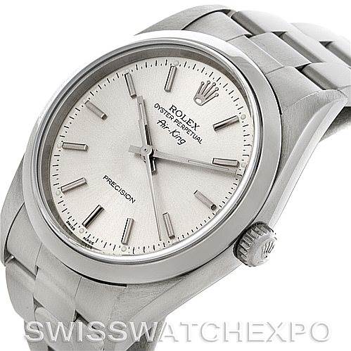 The image shows a Rolex Air-King 14000 M Men's Stainless Steel Silver Dial 14000 M Men's Stainless Steel Silver Dial watch at a slightly tilted angle, displaying the face, bezel, crown, and part of the bracelet.