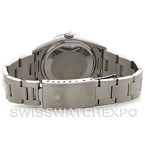 The image shows the back view of the Rolex Air-King 14000 M Men's Stainless Steel Silver Dial 14000 M Men's Stainless Steel Silver Dial watch, focusing on the closed clasp, bracelet, and case back.