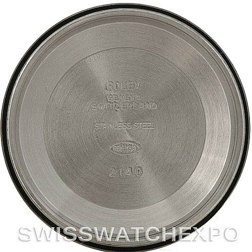 This image shows the inside case back of a Rolex Air-King 14000 M Men's Stainless Steel Silver Dial 14000 M Men's Stainless Steel Silver Dial watch, revealing engraving details such as model number and material.