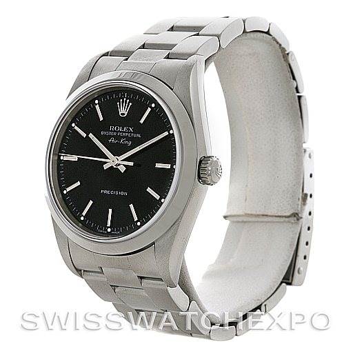 This image shows a Rolex Air-King 14000 Men's Stainless Steel Black Dial 14000 Men's Stainless Steel Black Dial watch at a slight angle, highlighting the face, bezel, and metal bracelet.