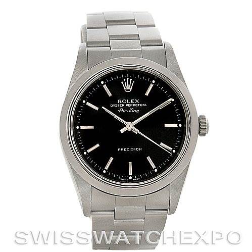 This Rolex Air-King 14000 Men's Stainless Steel Black Dial 14000 Men's Stainless Steel Black Dial watch is shown from a front angle, displaying the dial, hands, crown, and bracelet.
