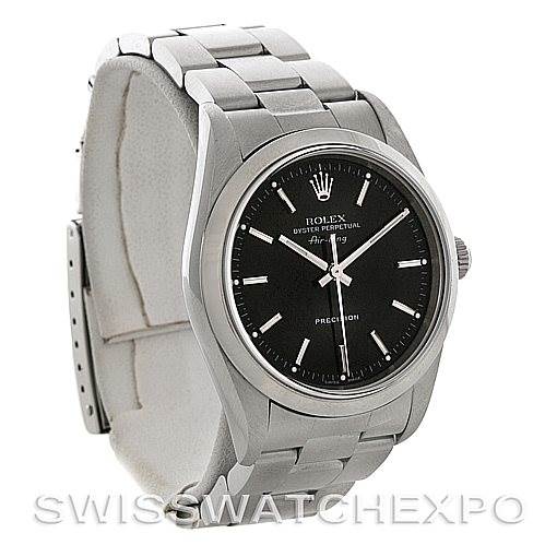 This image shows a side and front angle view of a Rolex Air-King 14000 Men's Stainless Steel Black Dial 14000 Men's Stainless Steel Black Dial watch, displaying its bezel, dial, and bracelet.