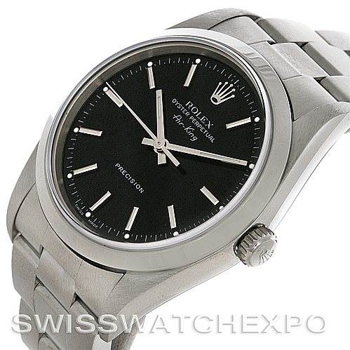 The image shows a Rolex Air-King 14000 Men's Stainless Steel Black Dial 14000 Men's Stainless Steel Black Dial watch, prominently featuring the face, bezel, crown, and a partial view of the bracelet.
