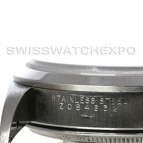 This image shows a close-up angle of the side and lug of a Rolex Air-King 14000 Men's Stainless Steel Black Dial 14000 Men's Stainless Steel Black Dial watch with the serial number engraved.
