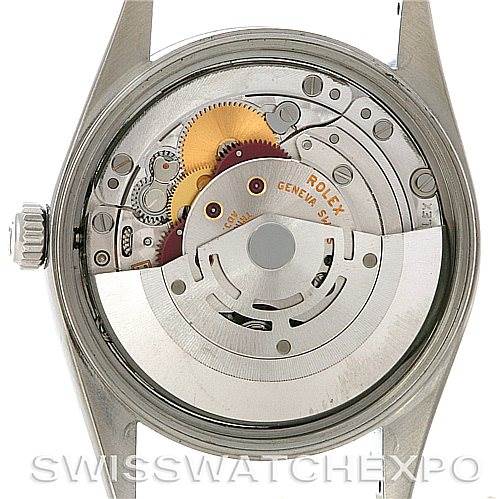 This image shows the Rolex Air-King 14000 Men's Stainless Steel Black Dial 14000 Men's Stainless Steel Black Dial watch from a back angle, displaying its internal mechanical movement parts.