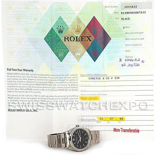 The image shows a Rolex Air-King 14000 Men's Stainless Steel Black Dial 14000 Men's Stainless Steel Black Dial watch laid flat, along with its warranty paper displaying the Rolex logo and warranty details.