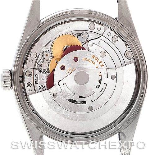 This image shows the back view of a Rolex Air-King 14000 Men's Stainless Steel Black Dial 14000 Men's Stainless Steel Black Dial watch, revealing its intricate internal mechanical movement.