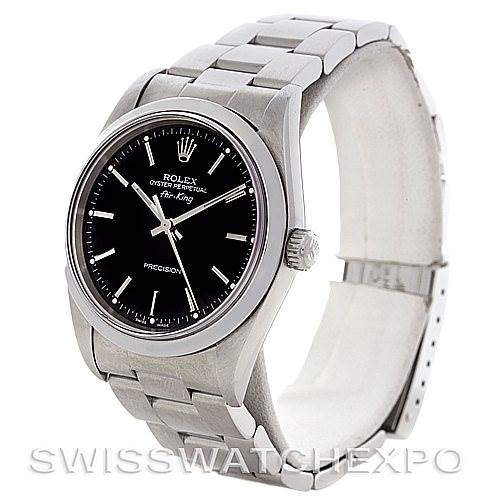 The image shows a Rolex Air-King 14000 Men's Stainless Steel Black Dial 14000 Men's Stainless Steel Black Dial watch from a three-quarter angle highlighting the dial, bezel, crown, and bracelet.
