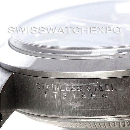 The image shows a side view of a Rolex Air-King 14000 Men's Stainless Steel Black Dial 14000 Men's Stainless Steel Black Dial watch, highlighting the stainless steel case and serial number.
