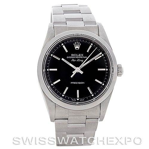 The image shows a front view of a Rolex Air-King 14000 Men's Stainless Steel Black Dial 14000 Men's Stainless Steel Black Dial watch, displaying its black dial, silver hands, bezel, and metal bracelet.