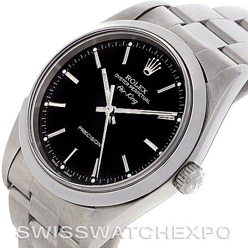 This image shows an angled view of the Rolex Air-King 14000 Men's Stainless Steel Black Dial 14000 Men's Stainless Steel Black Dial watch, displaying the black dial, crown, and stainless steel bracelet.