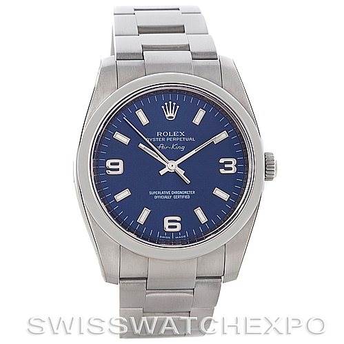 The image shows the front view of a Rolex Air-King 114200 Men's Stainless Steel Blue Dial 114200 Men's Stainless Steel Blue Dial watch, highlighting its dial, hour markers, hands, crown, and bracelet.
