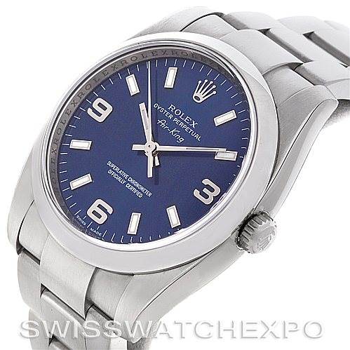 The image shows a Rolex Air-King 114200 Men's Stainless Steel Blue Dial 114200 Men's Stainless Steel Blue Dial watch at a slight angle, highlighting its blue dial, markers, and part of the bracelet.