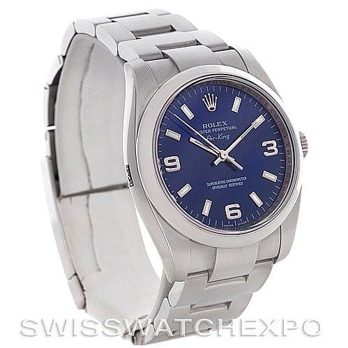 This image shows a side angle of the Rolex Air-King 114200 Men's Stainless Steel Blue Dial 114200 Men's Stainless Steel Blue Dial watch, highlighting the dial, bracelet, and clasp.