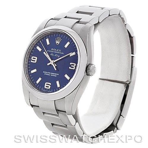 The image shows a Rolex Air-King 114200 Men's Stainless Steel Blue Dial 114200 Men's Stainless Steel Blue Dial watch at an angle, highlighting its dial, bezel, and portion of the bracelet.