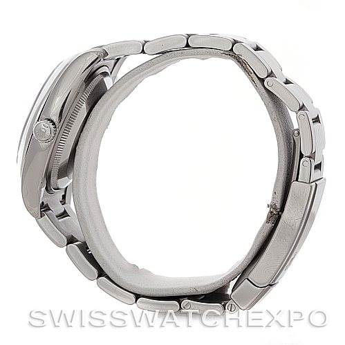 Side view of a Rolex Air-King 114200 Men's Stainless Steel Blue Dial 114200 Men's Stainless Steel Blue Dial watch, showcasing the case, crown, and part of the bracelet.